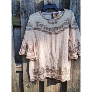 Easel Womens L Blouse Cream Floral Embroidered Gauzy Boho Flowy Peasant Shirt